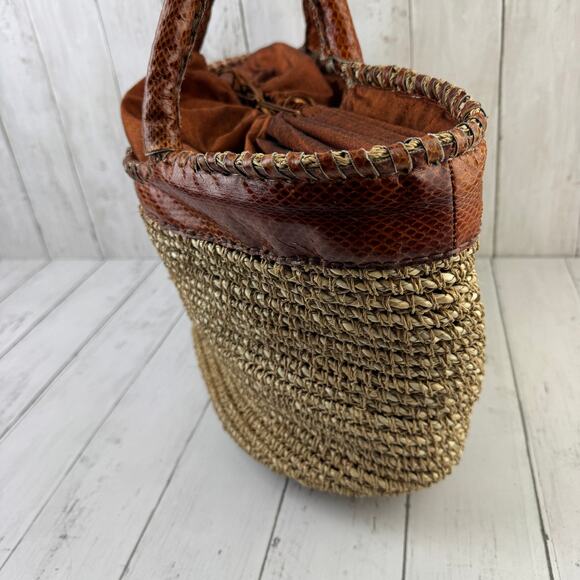 VTG Beirn Brown Cotton Raffia and Leather Trim Shoulder Tote Bag Hand Made - Picture 3 of 15